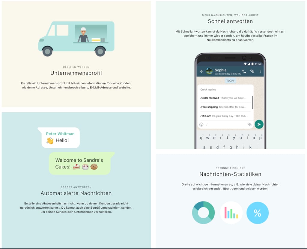 Whats App Business Features. Screenshot von der Website. Whats App Business Features. Screenshot von der Website.