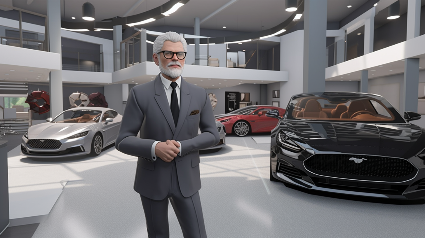 an automotive metaverse showroom with a middle-aged male avatar in a suit, grey hair, photorealistic-age_ca931fee-ded6-4639-8a5d-c00d5a0e0af7