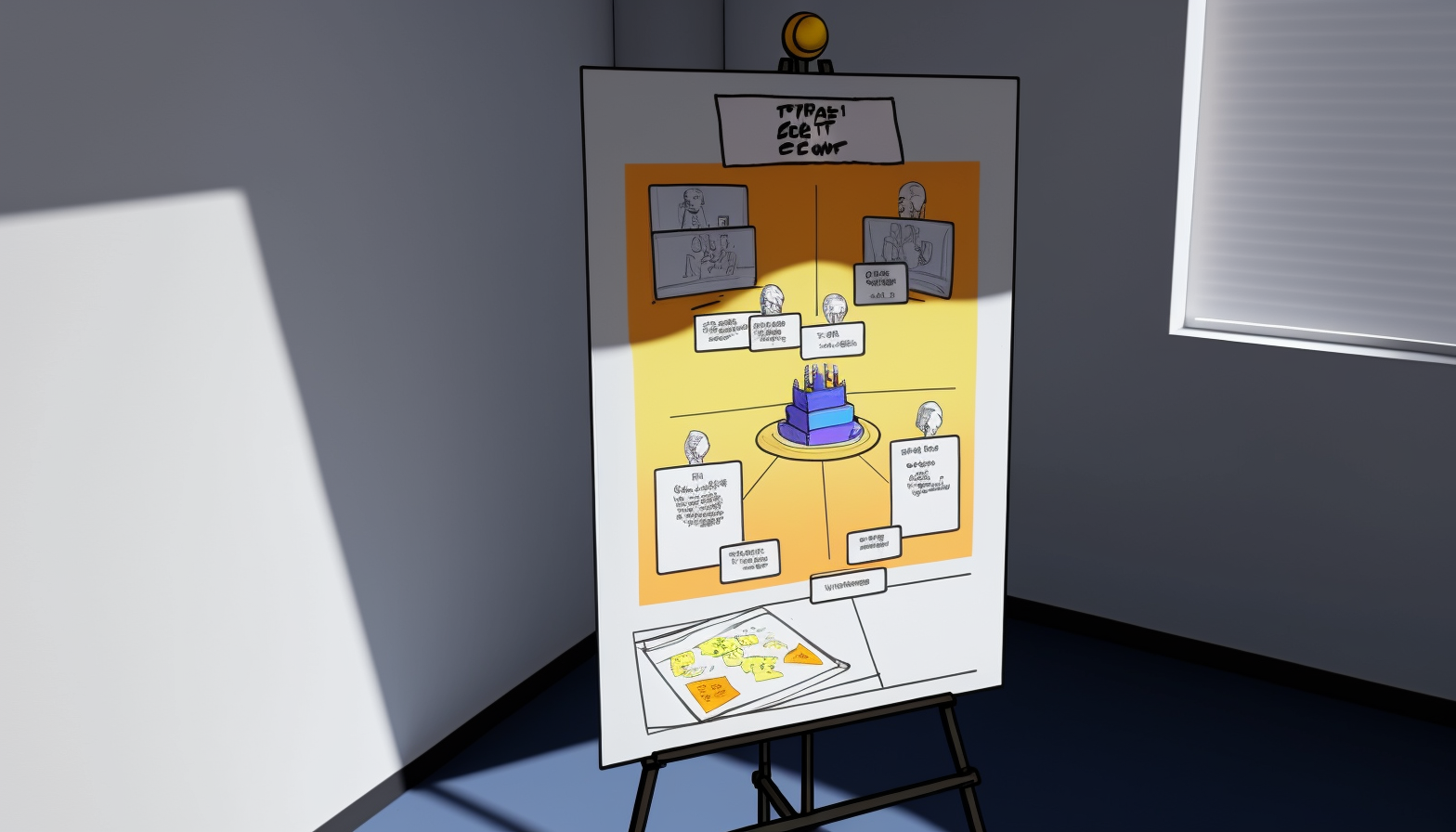 Ein buntes Flipchart mit einer Strategie-Grafik in einem virtuellen Raum.