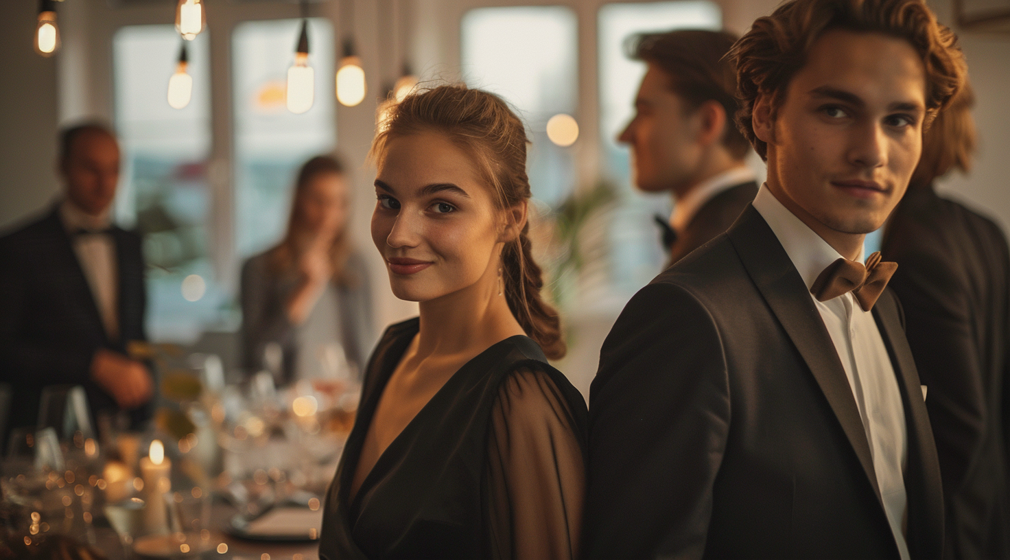 a formally dressed young couple standing in front of a dinner party table, inviting a group of business people (created with Midjourney)