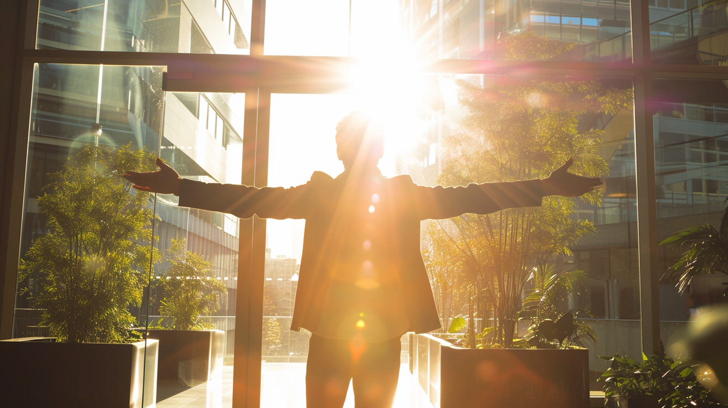 A man in front of a window in full sunlight. Created with Midjourney. 