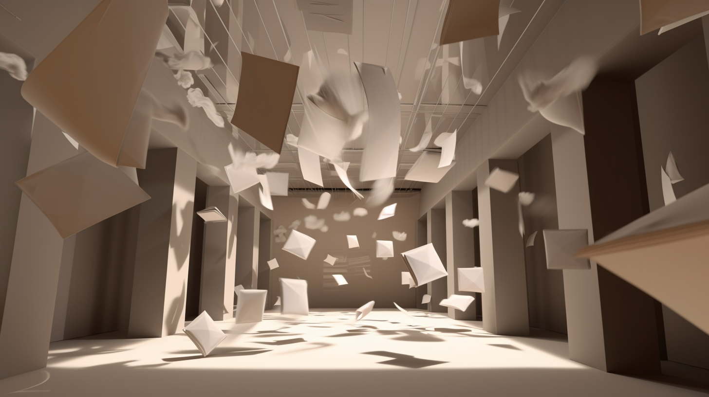 sheets of paper flying through a metaverse room